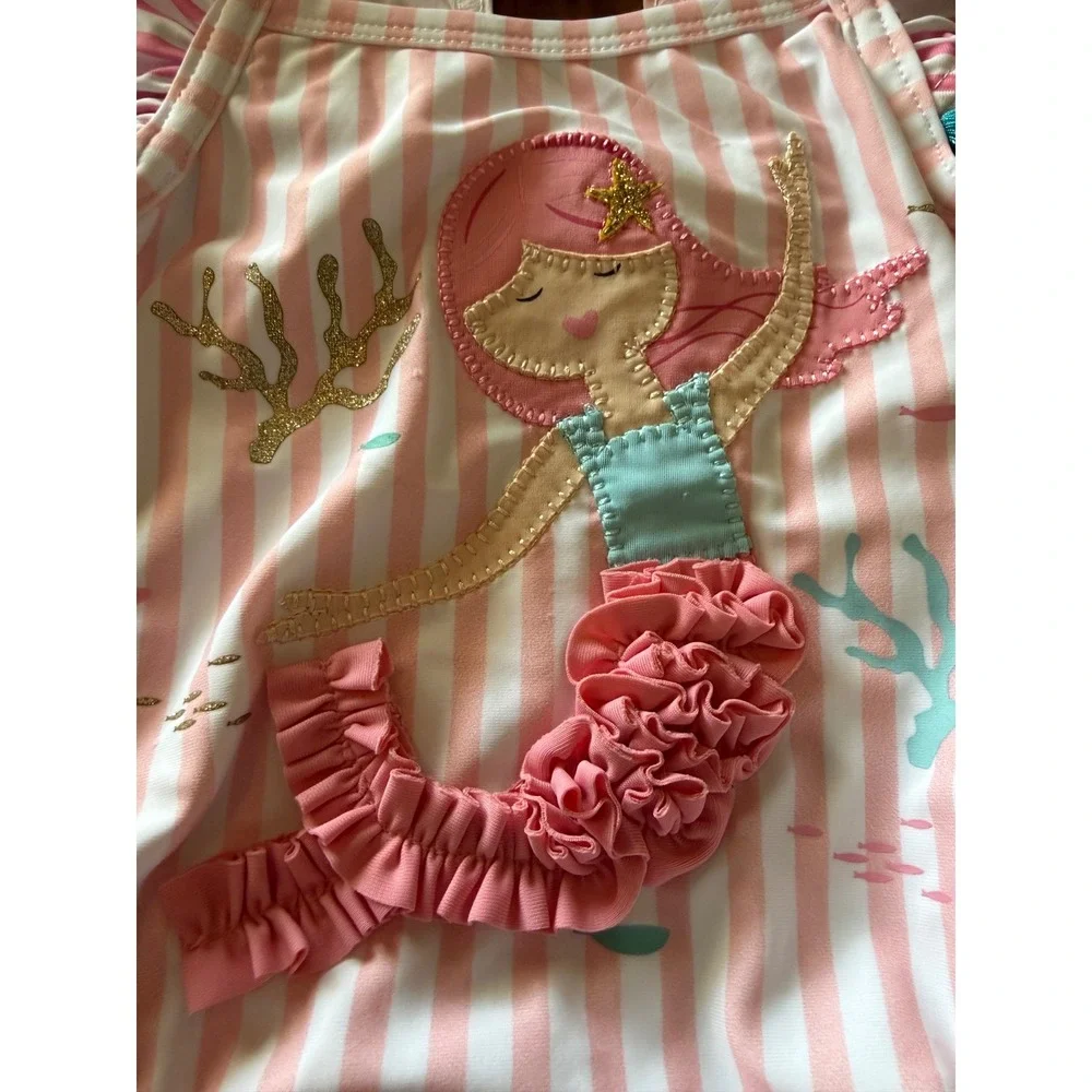 Mud Pie Baby Girl Mermaid One Piece Swimsuit Pink Striped Tassel 6-9 Months